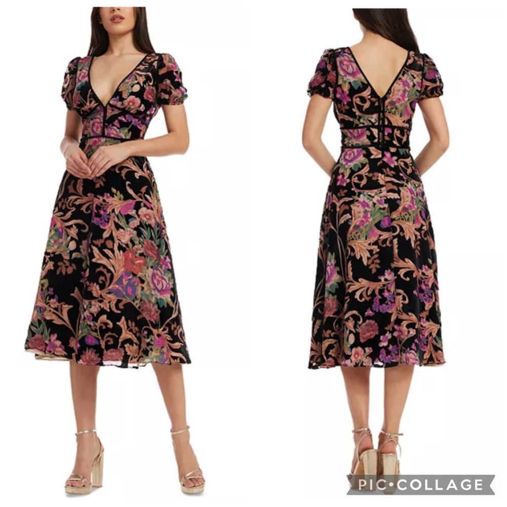 Dress The Population Winona Velvet Floral Midi Dress Black Multi‎ XS